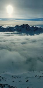 Scenic view of snow covered mountains against sky