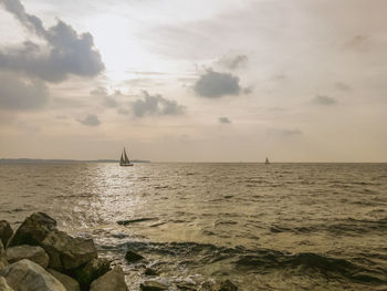 Sailboat sailing on sea against sky