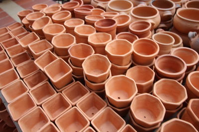 High angle view of pots on table