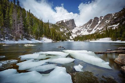 Scenic view of lake by snowcapped mountains against cloudy sky