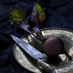 High angle view of fruits in plate on table