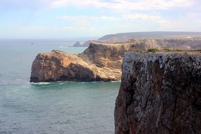 Scenic view of sea and rock formations against sky