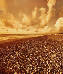 Surface level of beach against sky during sunset