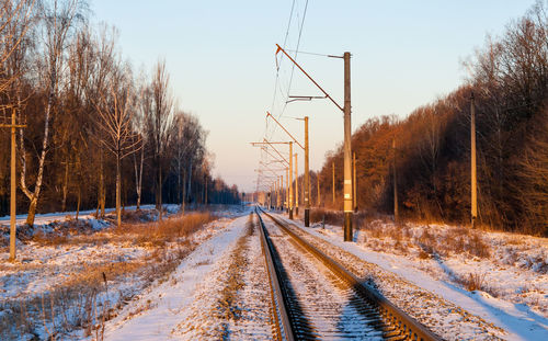 Snow covered railroad track amidst trees against sky