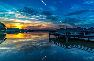 Scenic view of lake against sky at sunset