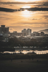 View of city at sunset