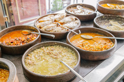 High angle view of fresh meal in claypot