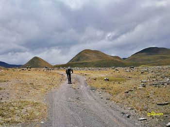 Rear view of man walking on mountain