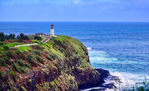 Lighthouse by sea against sky