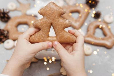 Children's hands hold a gingerbread in the shape of a christmas tree.