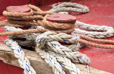 Close-up of ropes tied on cleat