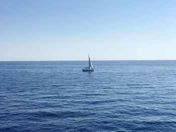 Sailboat sailing in sea against clear sky