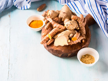 High angle view of food in bowl on table