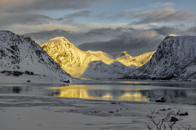 Scenic view of lake by snowcapped mountains against sky