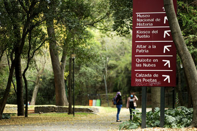 People walking on road sign against trees in city