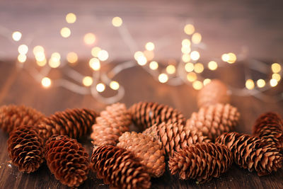 Close-up of pine cones on table