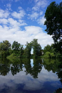 Reflection of trees in lake against sky