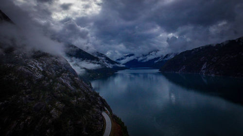 Scenic view of mountains against cloudy sky