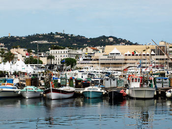 Boats in river with buildings in background