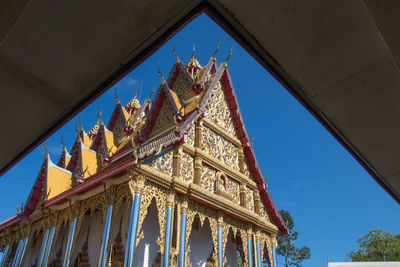 Low angle view of temple building against blue sky