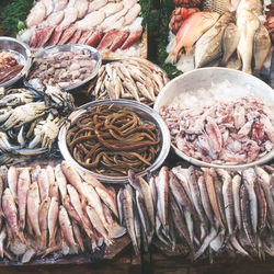 High angle view of seafood at market for sale