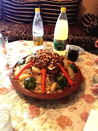 High angle view of food in plate on table