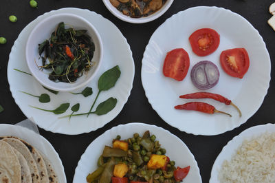 High angle view of meal served on table