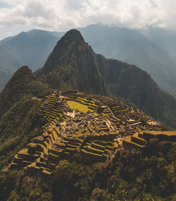 High angle view of mountain range against sky