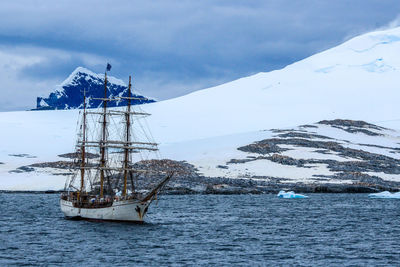 Scenic view of sea by snowcapped mountain against sky
