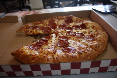 High angle view of pizza on table