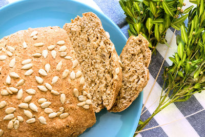 High angle view of bread in plate on table