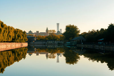 Reflection of trees in river against clear sky