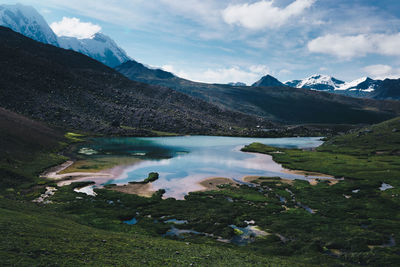 Scenic view of lake by mountains against sky