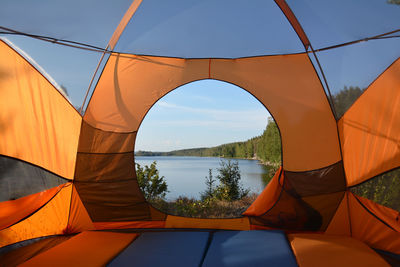 Lake view from inside orange tent