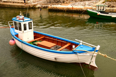 High angle view of boat moored in lake