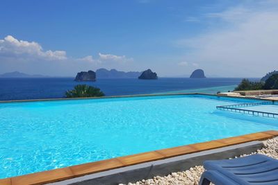 View of swimming pool by sea against sky