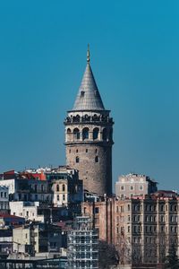 Buildings in city against clear blue sky