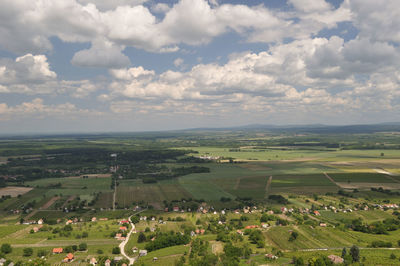 High angle view of agricultural field against sky