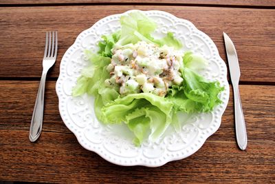 Directly above shot of salad in plate on table