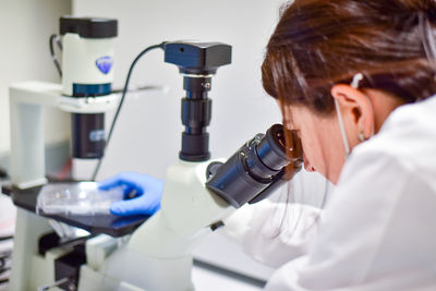 Female scientist examining cell culture under microscope 