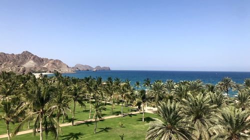 Scenic view of sea against clear blue sky