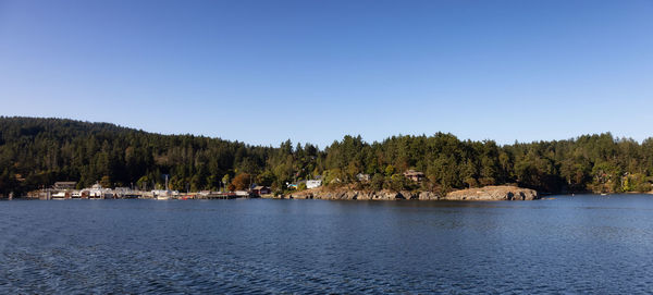 Scenic view of lake against clear blue sky