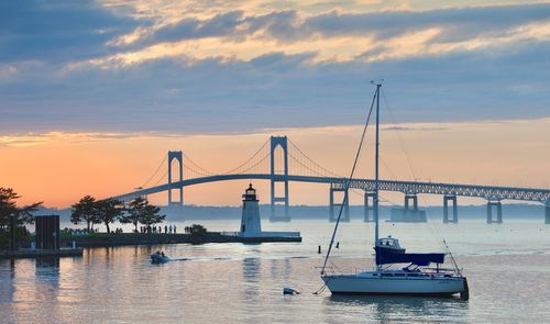 View of suspension bridge over sea