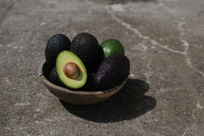 High angle view of avocado in heart shape