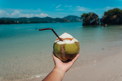 Close-up of hand holding coconut against sea