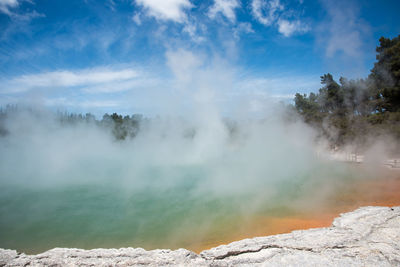 Scenic view of waterfall against sky