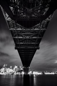 Sydney harbor bridge over river at dusk in city