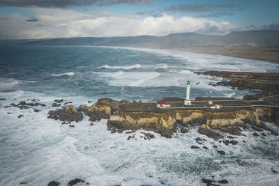 Lighthouse on the pacific coast from above, point arena, california