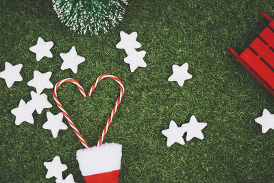 High angle view of christmas decorations on table