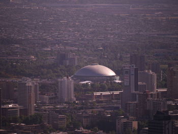 High angle view of modern buildings in city